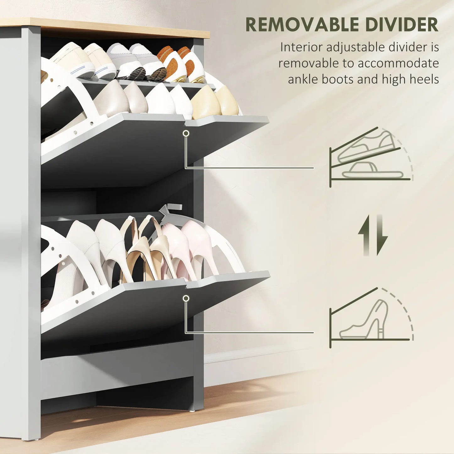 Shoe Storage Cabinet, 2 Flip Drawers, Adjustable Shelves, Light Grey Shoe Storage Cabinets & Racks at Gallery Canada