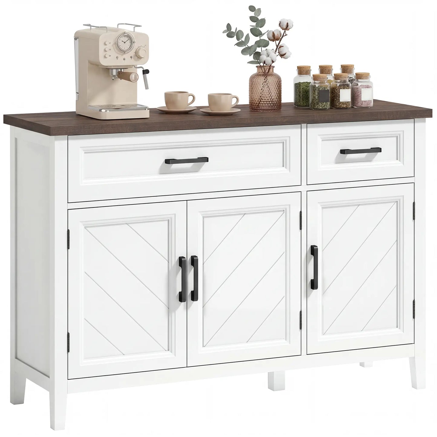 44" Farmhouse Sideboard Buffet Cabinet, 3 Chevron Doors, 2 Drawers, White Storage Cabinets at Gallery Canada
