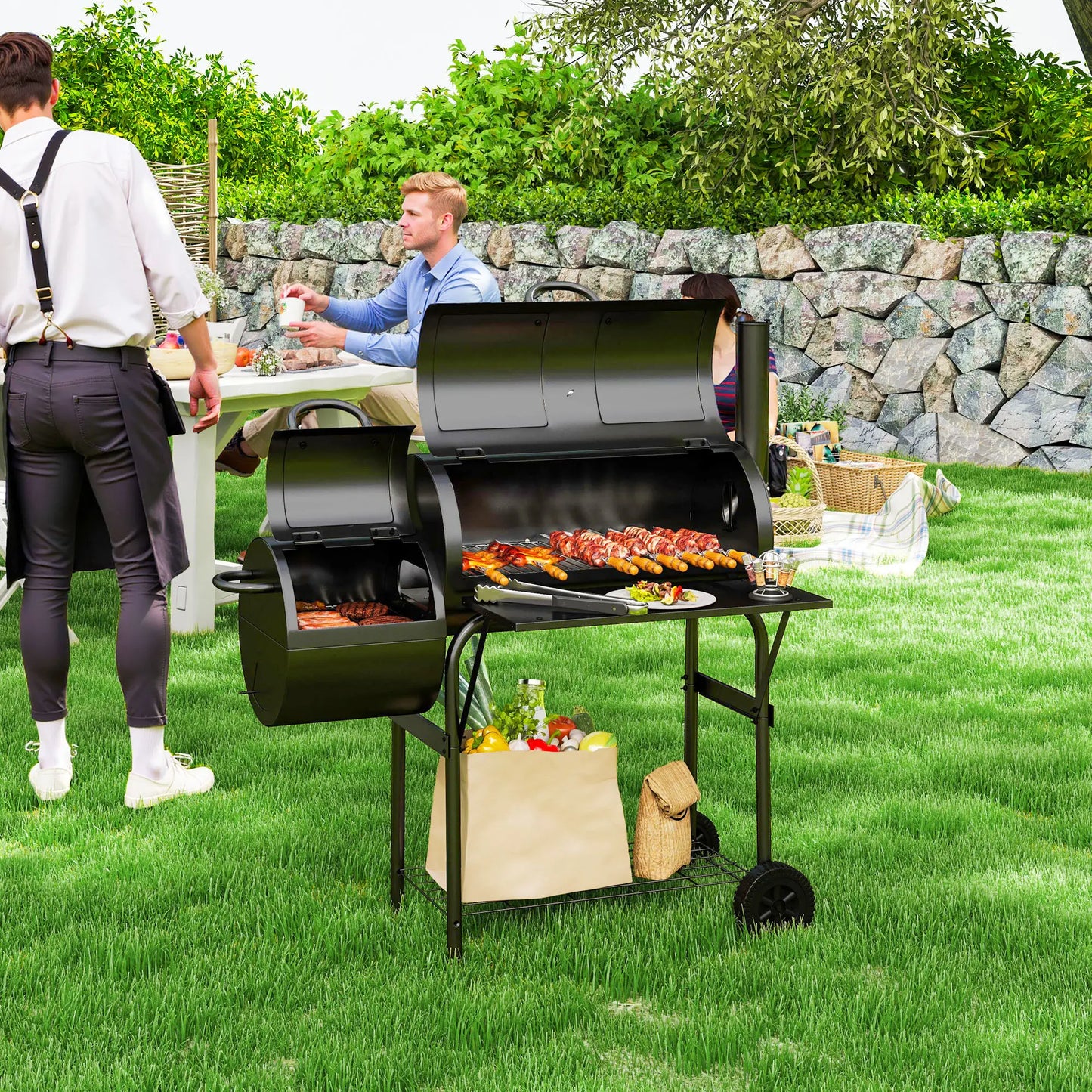 Portable Charcoal BBQ Grill With Offset Smoker, 2 Shelves, Thermometer, Wheels, Black Charcoal BBQ Grils at Gallery Canada