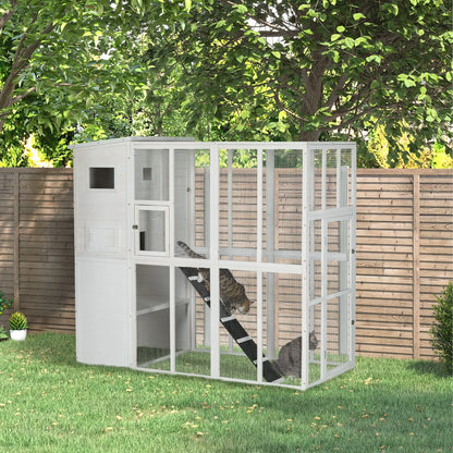68.7" H Large Wooden Outdoor Cat House with Run, Catio, Condo, White Outdoor Cat Enclosures at Gallery Canada