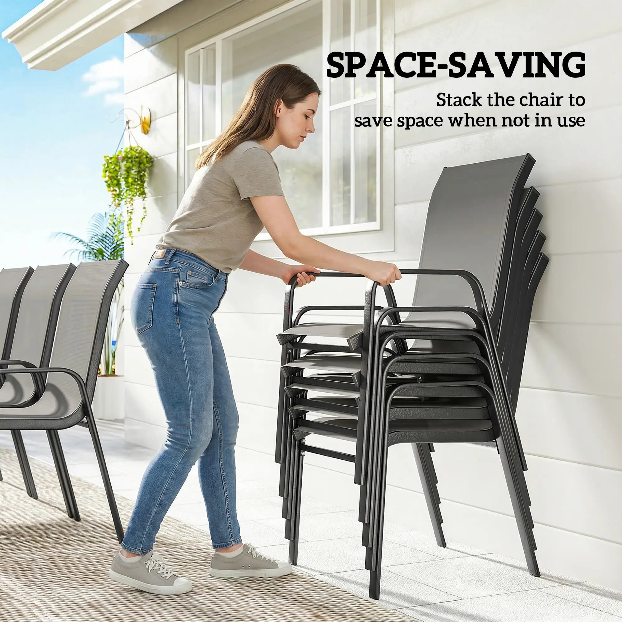 9-Piece Patio Dining Set, Glass Top Table, Stackable Chairs, Dark Grey Outdoor Dining Sets at Gallery Canada