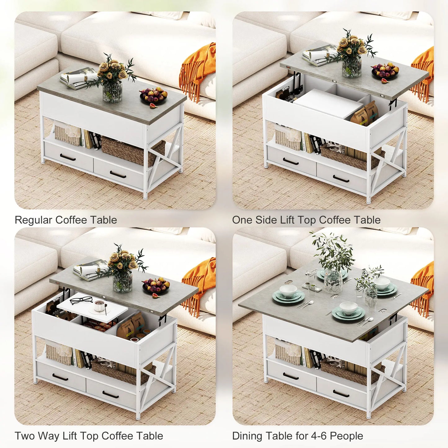 Modern Coffee Table, Lift Top with Fabric Drawers, Hidden Storage, Cement Grey Coffee Tables at Gallery Canada