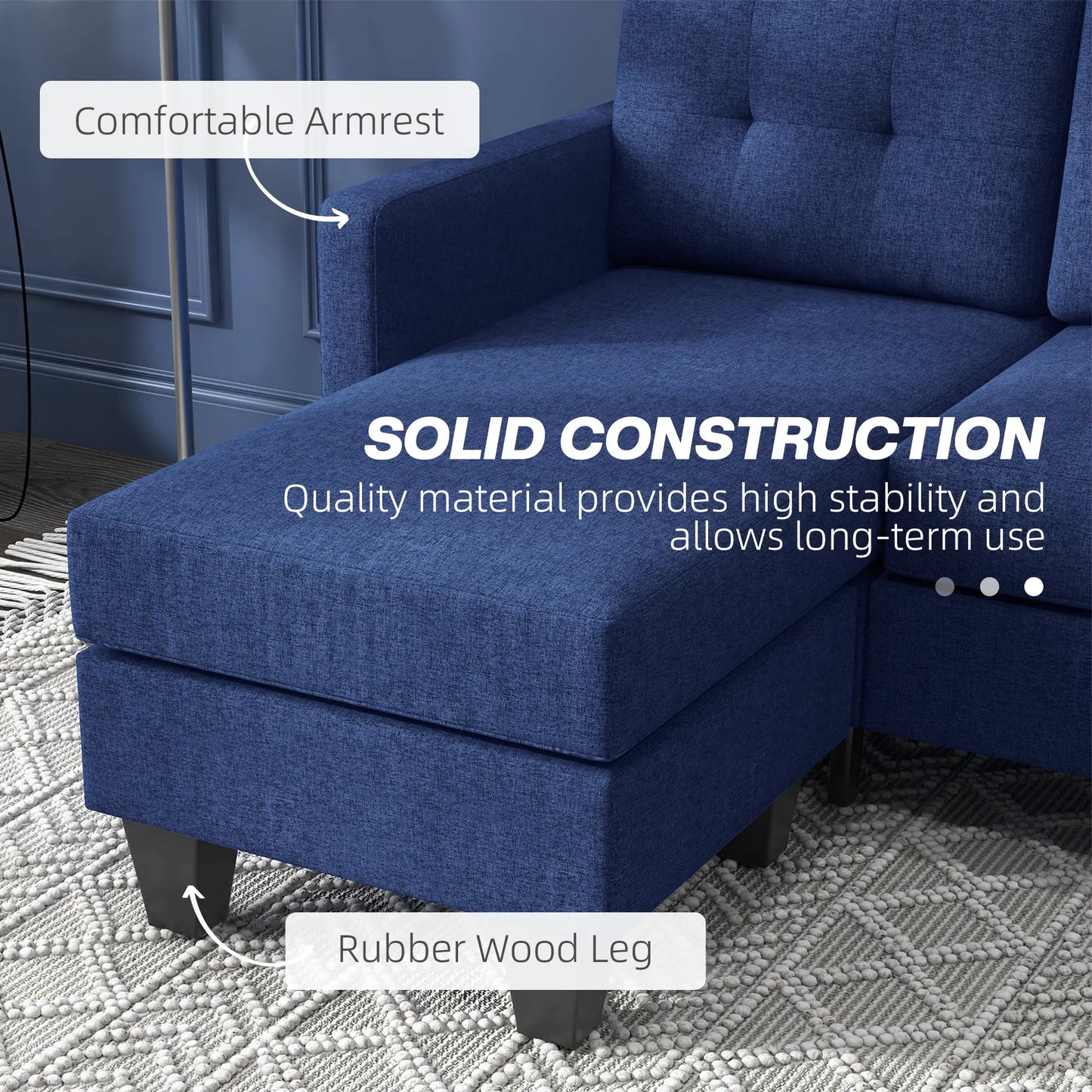 L-shaped Sofa, 3 Seater Sectional Couch with Ottoman, Corner Sofa with Thick Padded Cushion and Wood Legs, Dark Blue 3-Seater Sofas at Gallery Canada