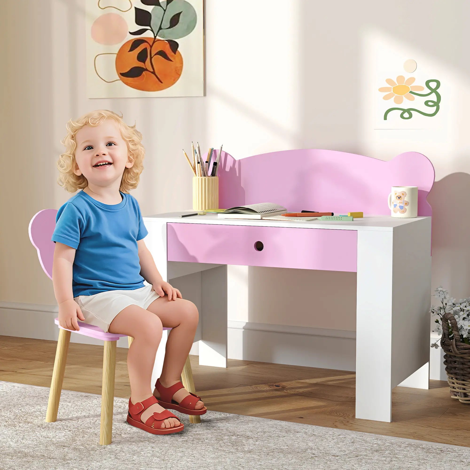 Kids Desk and Chair Set, Bear Theme, for Bedroom, Pink Kids Desk Sets at Gallery Canada