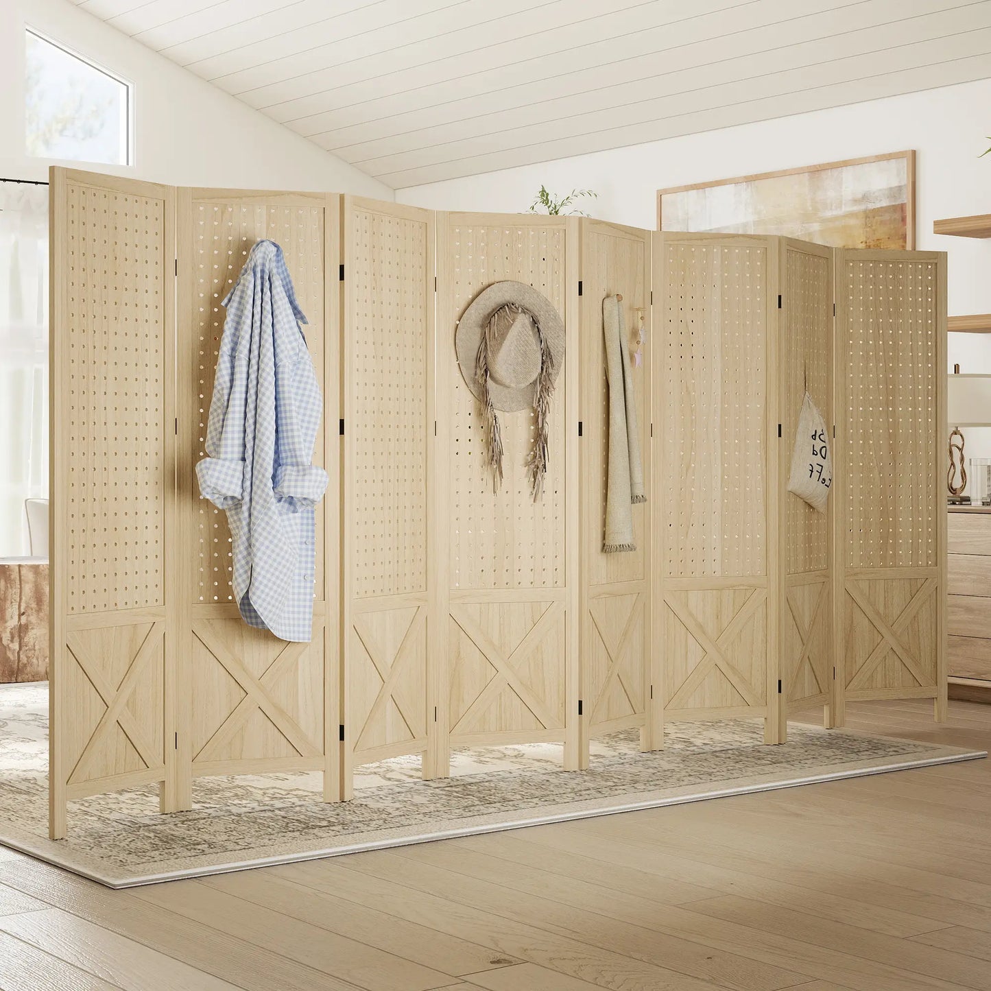 Wooden Room Divider With Pegboard Display, 8 Panel Folding Privacy Screen, Natural Wood Room Dividers at Gallery Canada