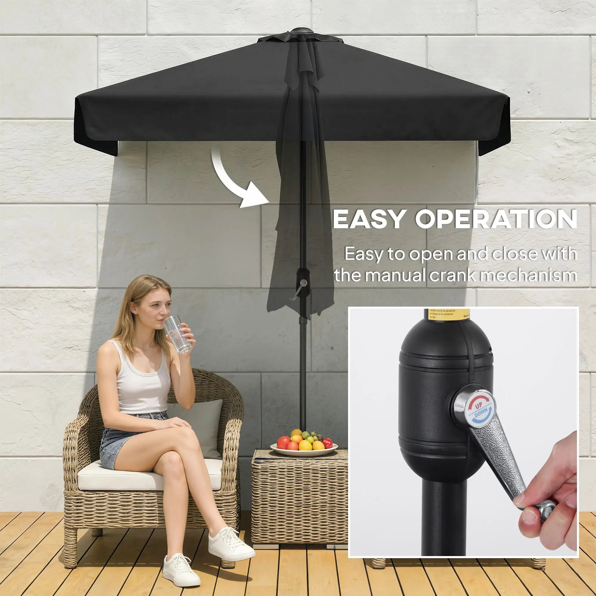 7.5ft Half Umbrella, Semi Round Patio Parasol, Crank Handle, Top Vent, Black Half Round Umbrellas at Gallery Canada