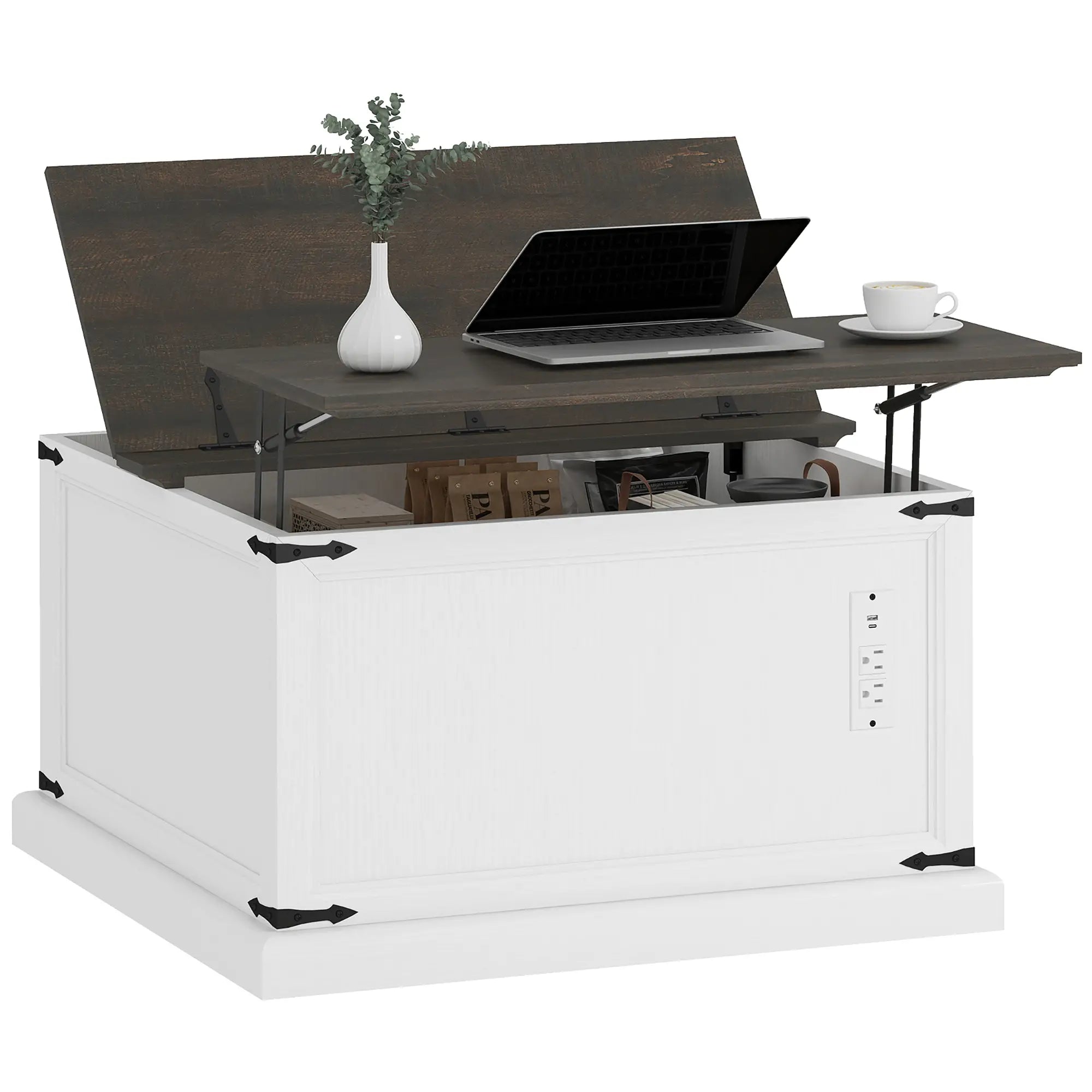 Lift Top Coffee Table, Square Farmhouse Center Table, White Wood Grain, White Coffee Tables at Gallery Canada