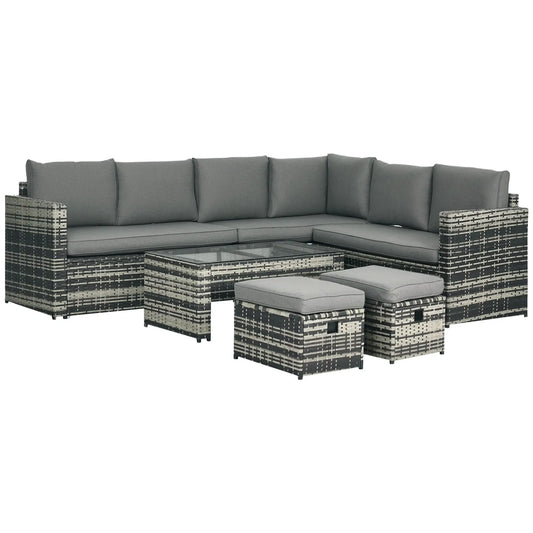 6 Piece Rattan Garden Set, 8-Seater Outdoor Sofa with Cushions, Grey Patio Furniture Sets Mix-Grey Rattan, Grey Cushion at Gallery Canada