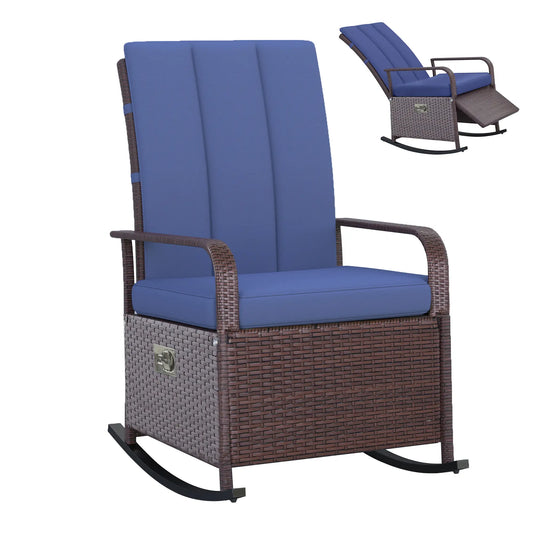 Outdoor Wicker Rocking Chair with Cushion, PE Rattan Recliner, Adjustable Footrest, Dark Blue Outdoor Rocking Chairs Mixed Brown Rattan, Dark Blue Cushion at Gallery Canada