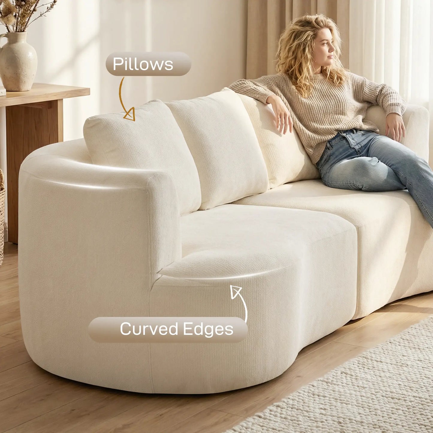 3 Seater Sofa, 102" Cream White, Chenille Couch With Spring Cushions, Cream White 3-Seater Sofas at Gallery Canada