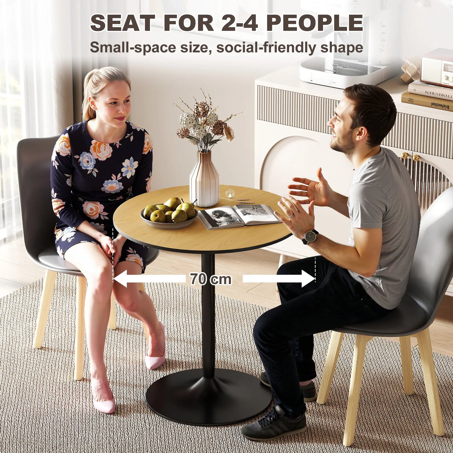 27.6" Round Kitchen Table for 2, Wood Veneer, Steel Base, Natural Dining Tables at Gallery Canada