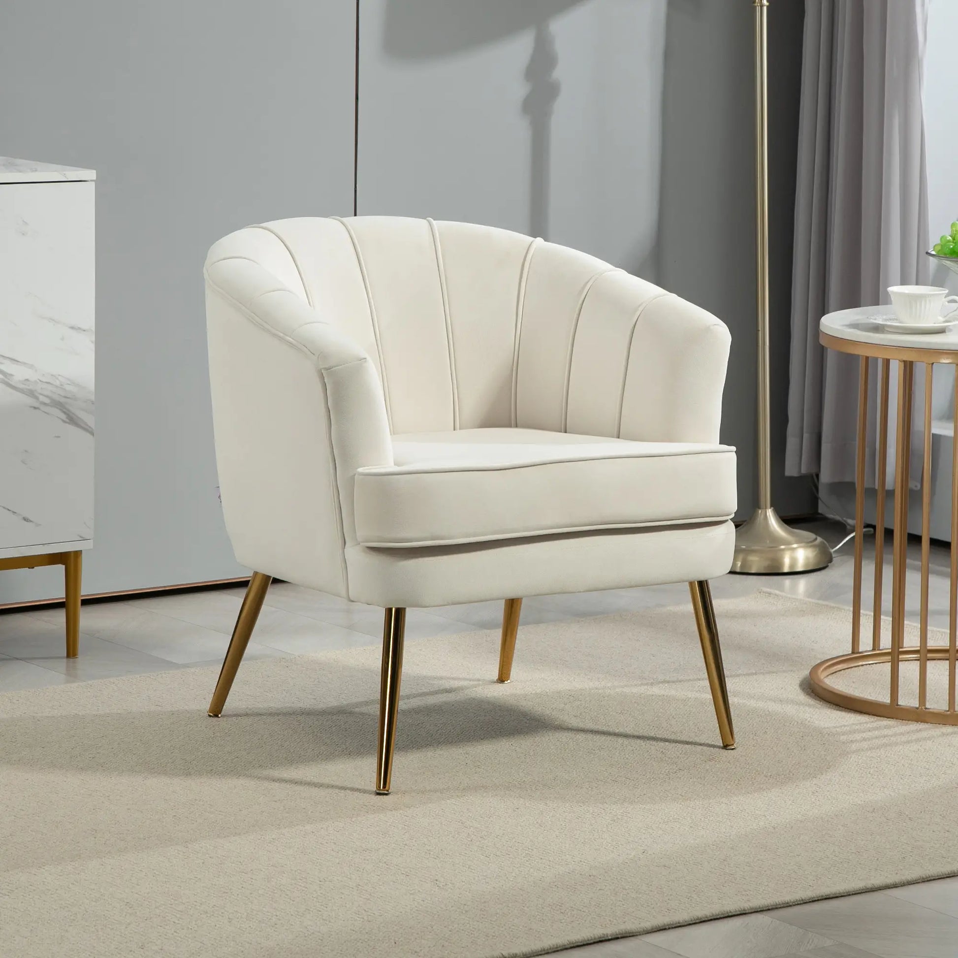 Modern Fabric Armchair, Gold Metal Legs, 32in, Cream White Accent Chairs at Gallery Canada