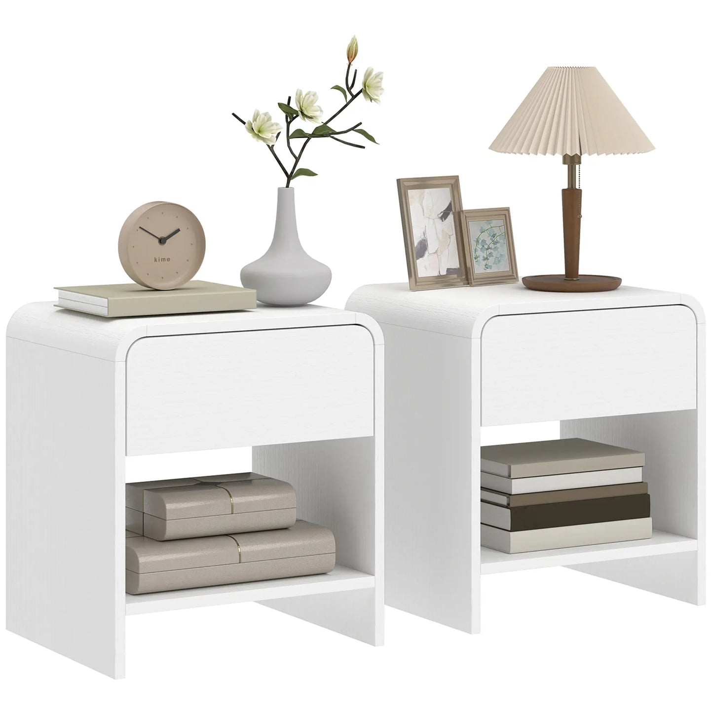 Modern Nightstand Set of 2, Distressed White, With Drawer and Shelf, White