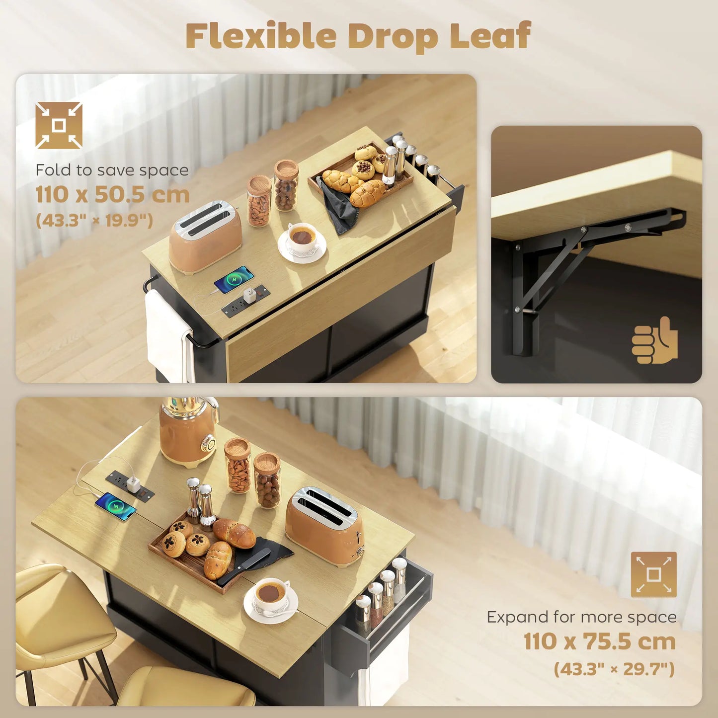 Kitchen Island Cart with Charging Station, Drop Leaf, Black Kitchen Islands & Kitchen Carts at Gallery Canada