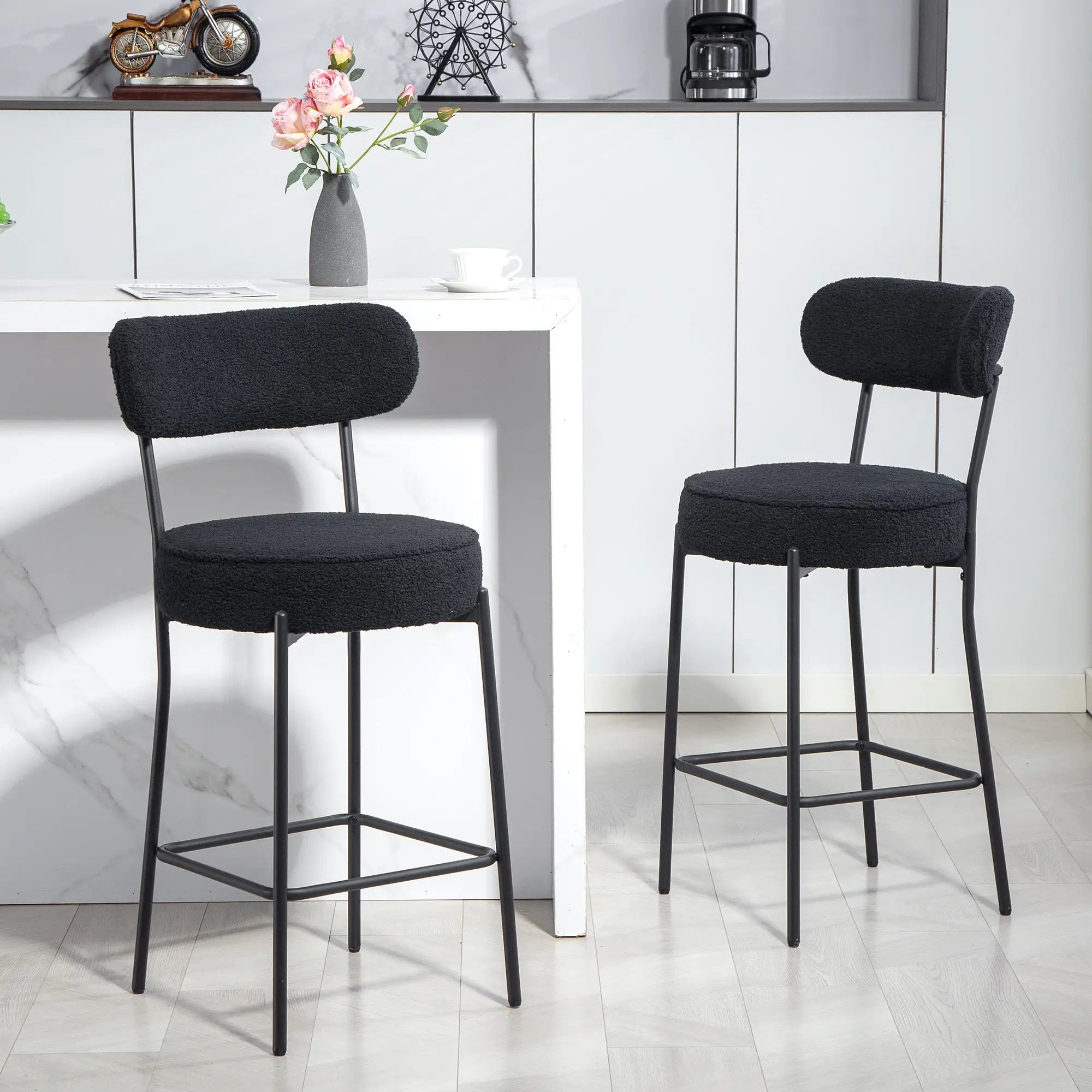 Set of 2 Upholstered Bar Stools with Backrest, Footrest, Black Bar Stools at Gallery Canada