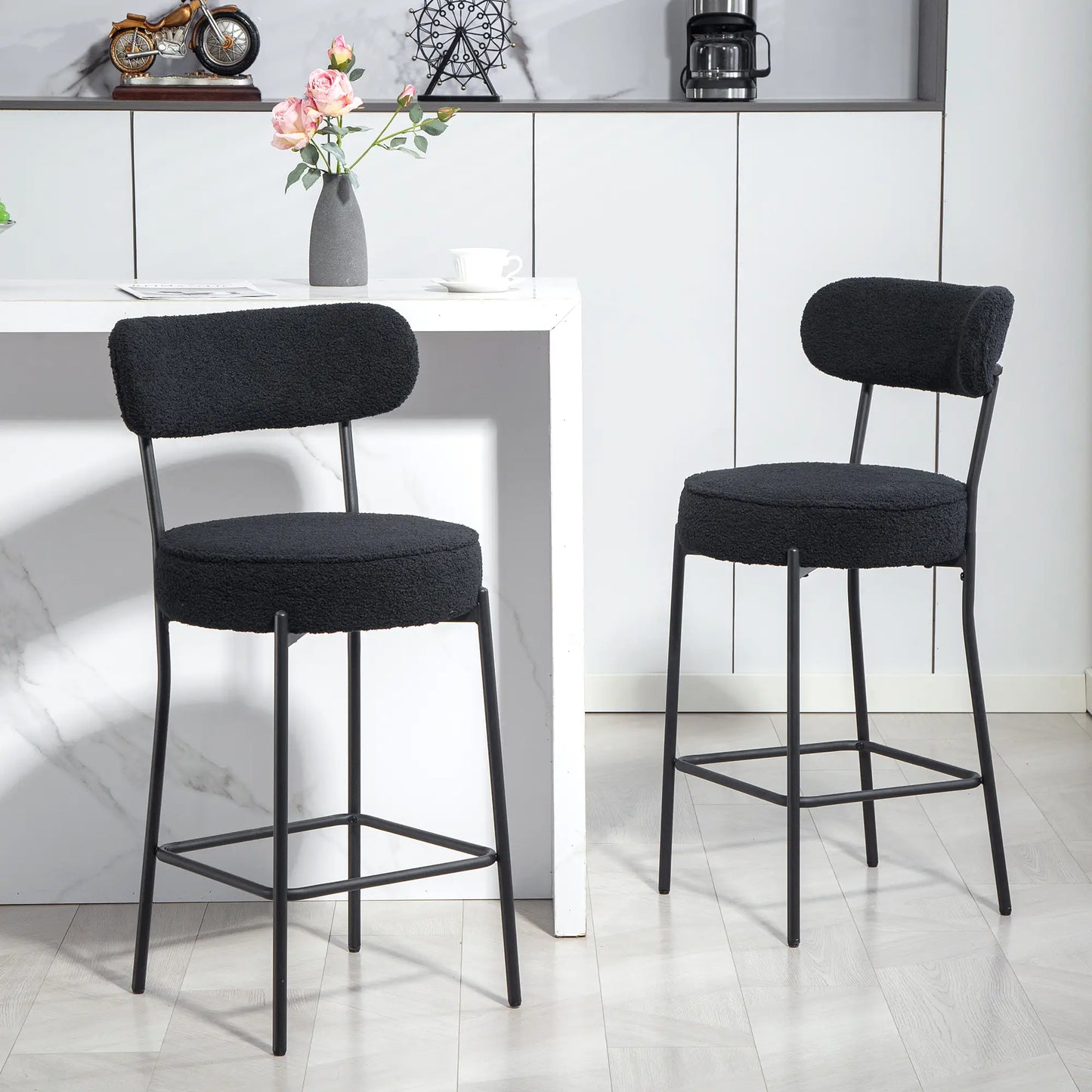 Set of 2 Upholstered Bar Stools with Backrest, Footrest, Black Bar Stools at Gallery Canada