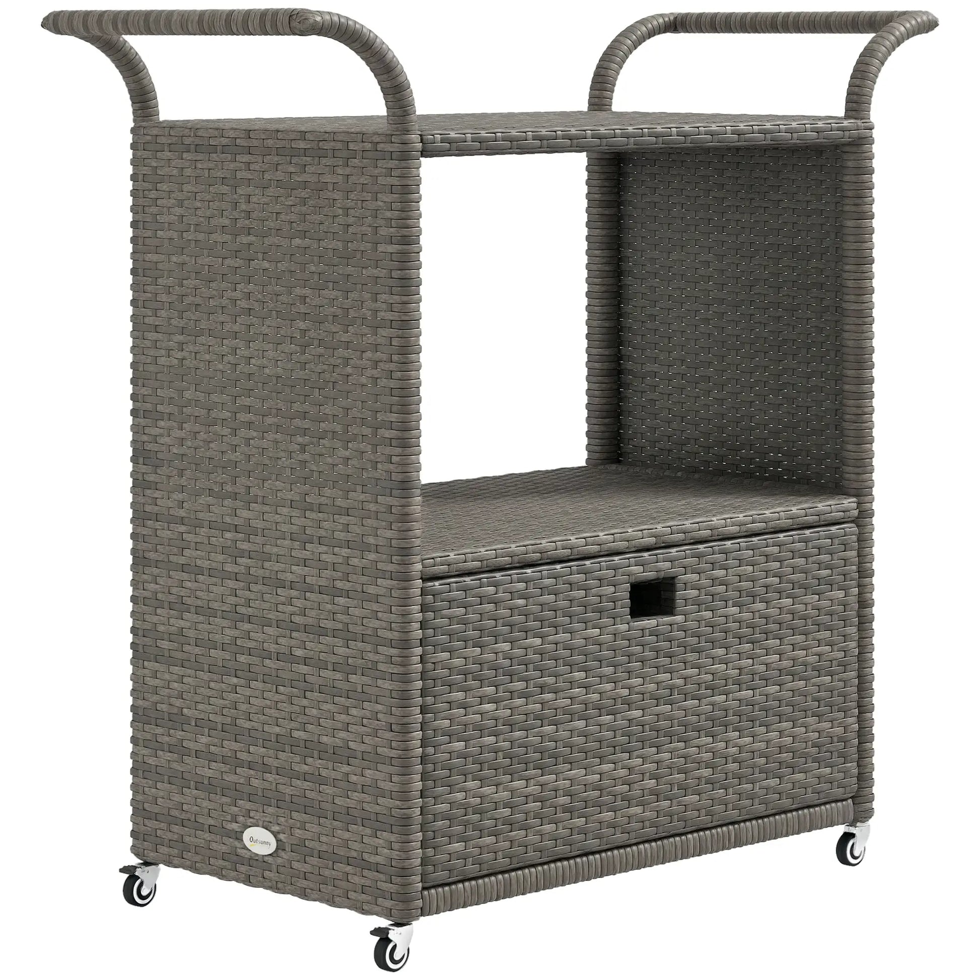 PE Wicker Serving Cart, 2-Tier Shelf, Outdoor Wheeled Rattan Cart, Grey Patio Dinning Tables at Gallery Canada