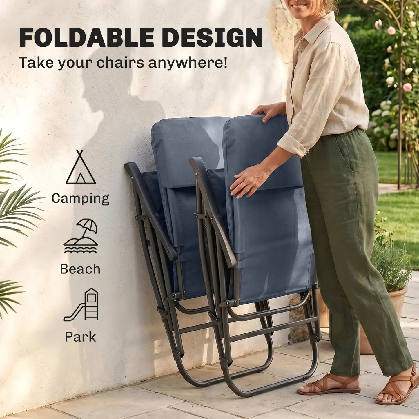 Folding Rocking Chair Set, 2 Padded Rockers with Armrest, Navy Blue Outdoor Rocking Chairs at Gallery Canada
