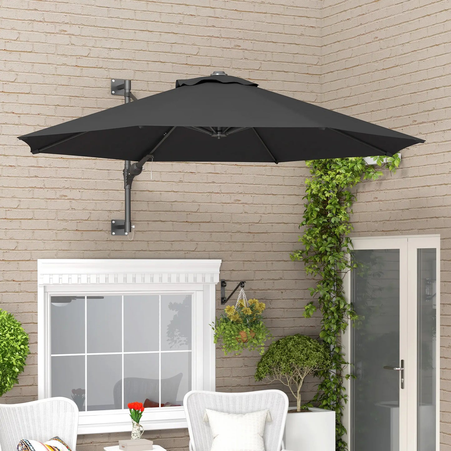 9.6 x 9.6 ft Wall Mounted Umbrella, Rotating Patio Parasol, Charcoal Grey Sun Umbrellas at Gallery Canada