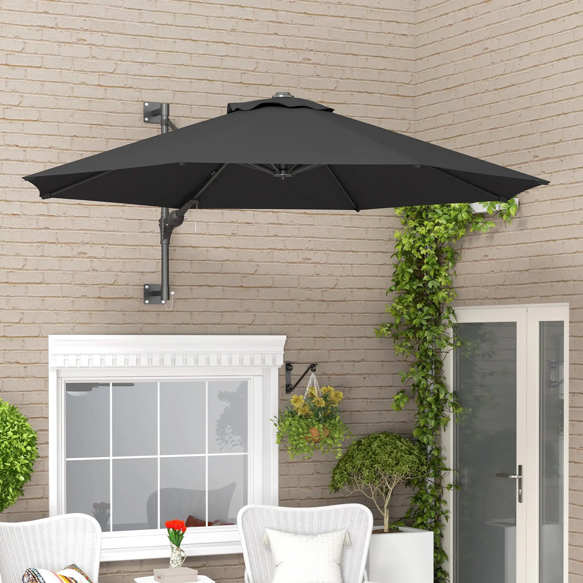 9.6 x 9.6 ft Wall Mounted Umbrella, Rotating Patio Parasol, Charcoal Grey Sun Umbrellas at Gallery Canada