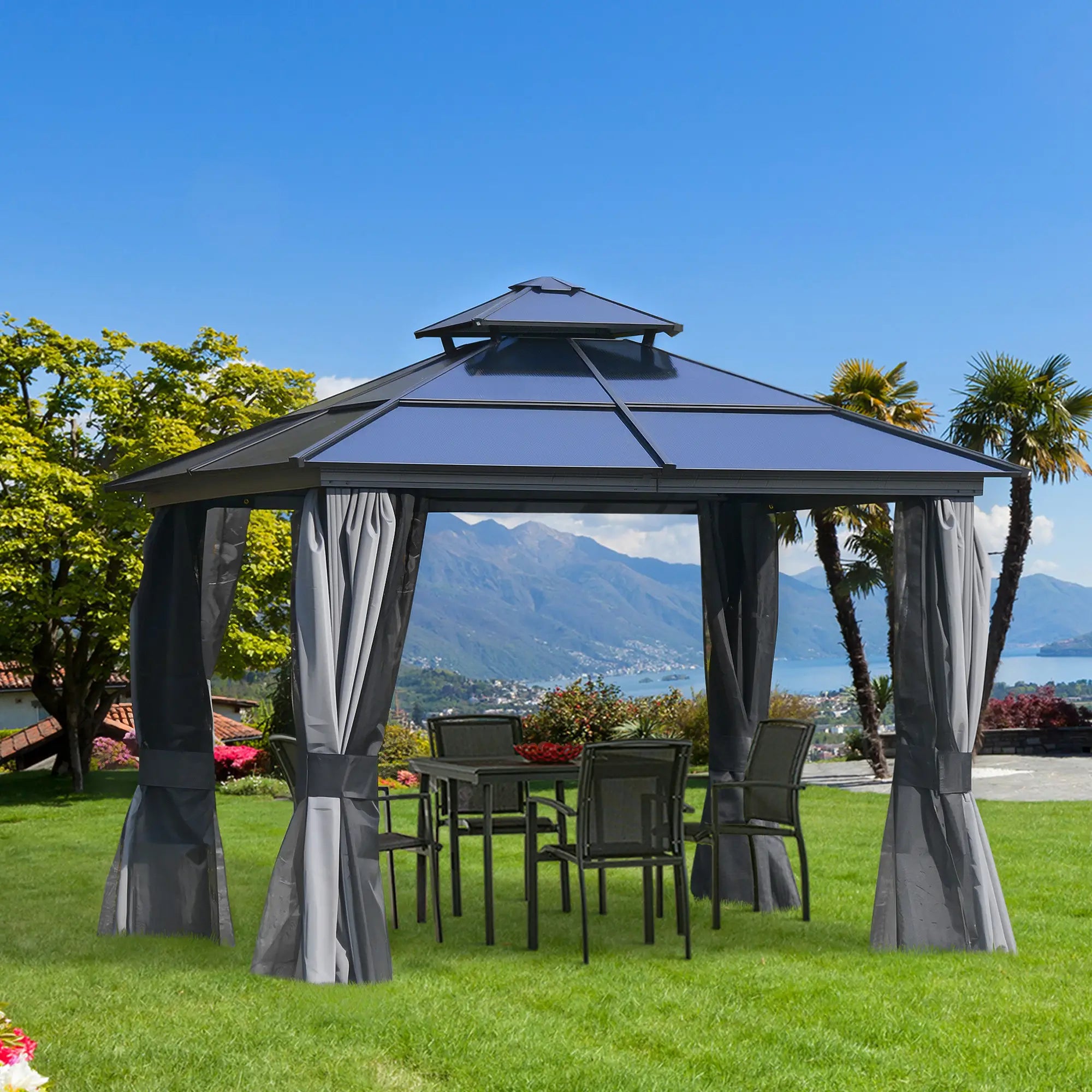 10'x10' Aluminum Hardtop Gazebo, Double Tier Roof, Black & Grey Gazebos at Gallery Canada