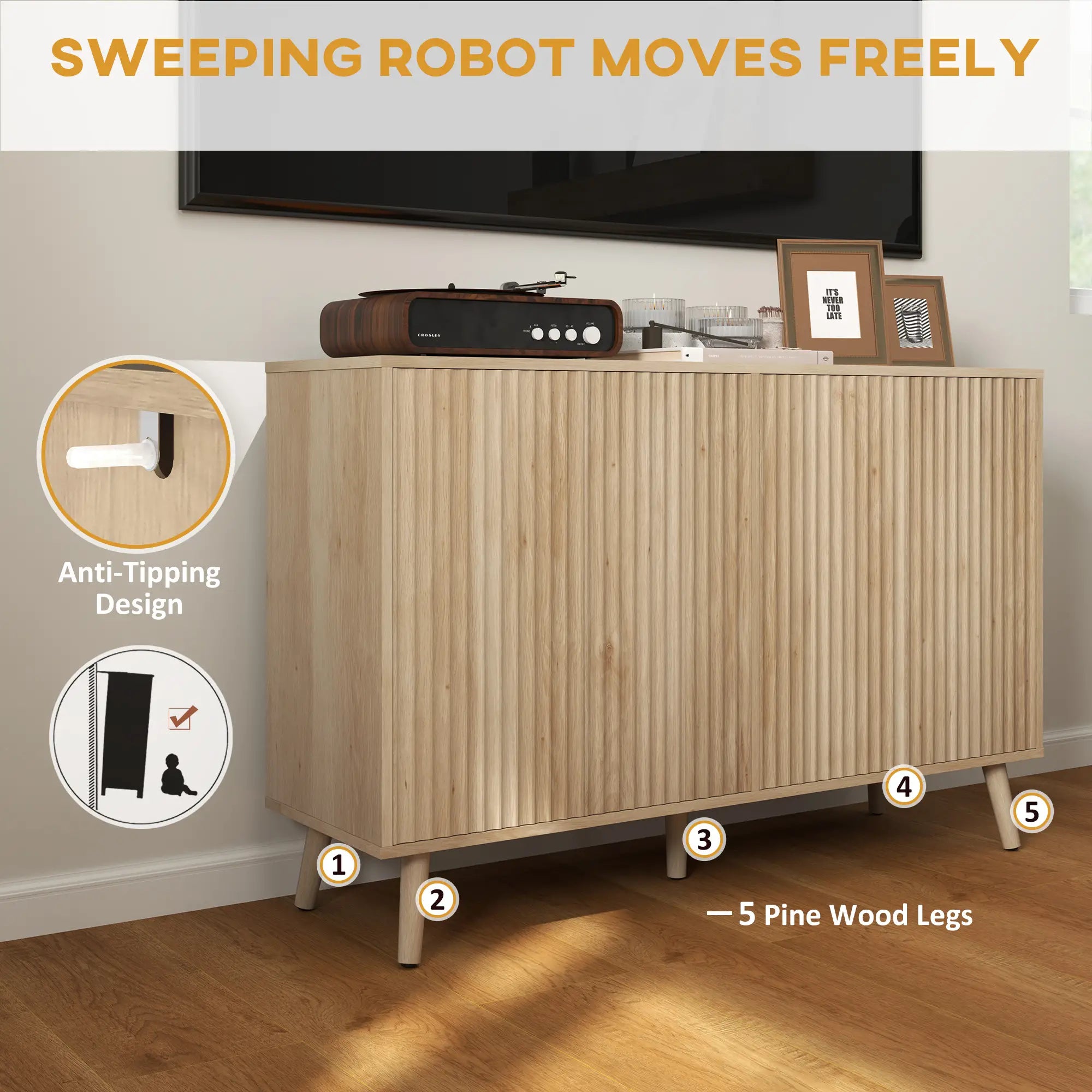 Modern Fluted Buffet Cabinet, Adjustable Shelves, Wood Legs, Oak Storage Cabinets at Gallery Canada