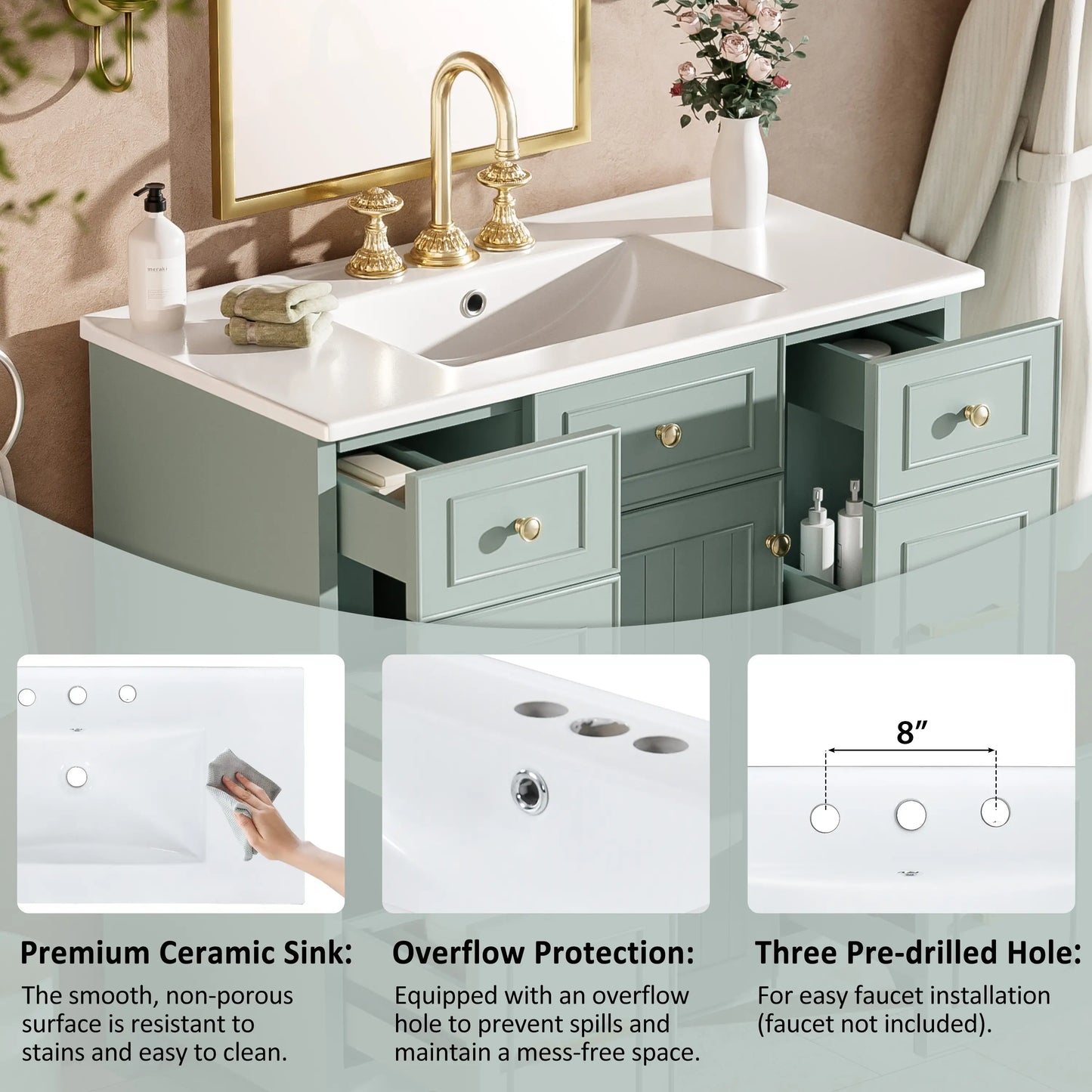 Bathroom Vanity, Ceramic Sink, Soft-Close Doors, 36" L x 18" W x 34" H, Green Sink Cabinets at Gallery Canada