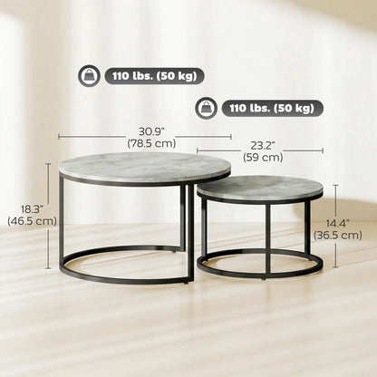 Coffee Table Set Of 2, Nesting Side Tables, Metal Base, Marble Grey, Grey Coffee Tables at Gallery Canada