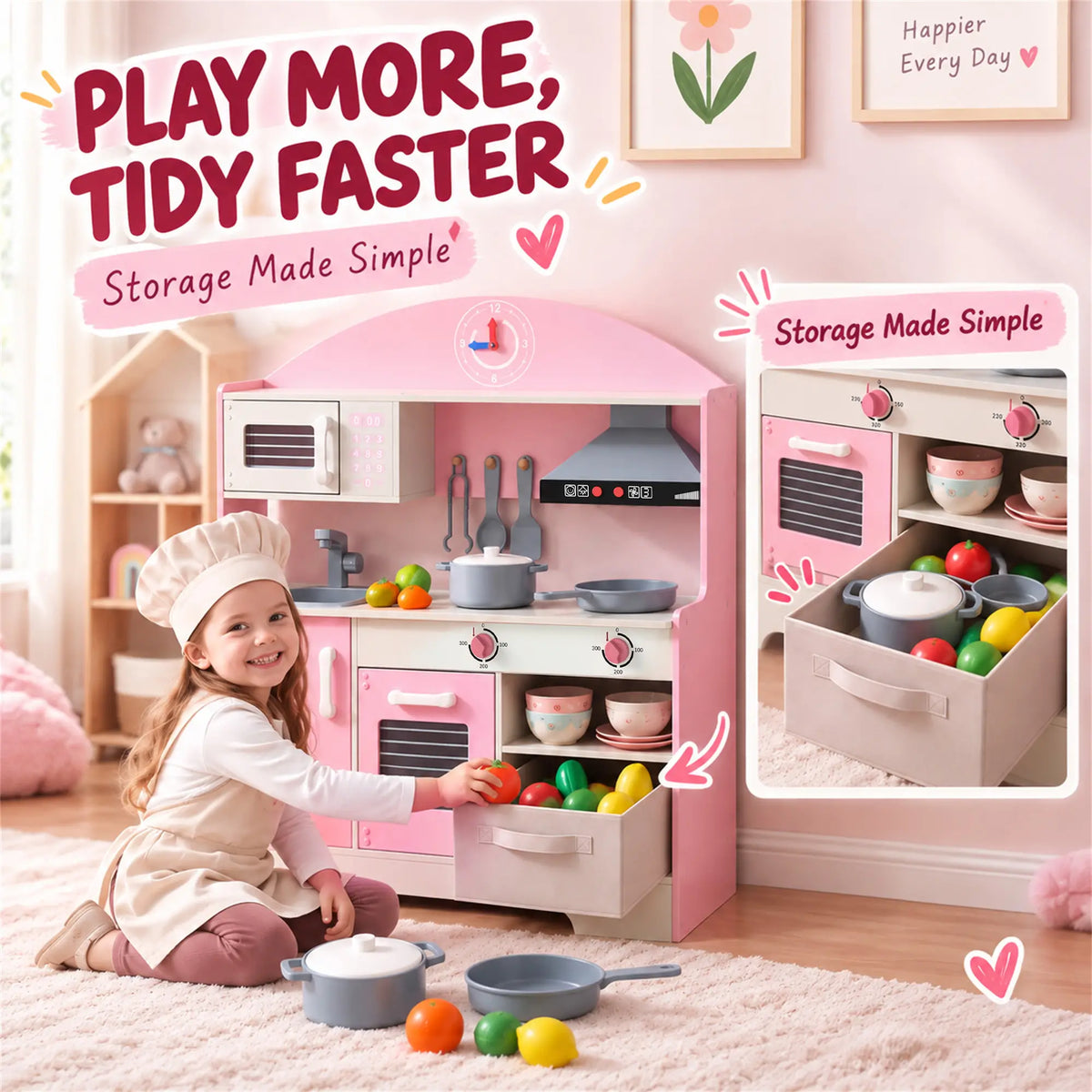 Kids Wooden Play Kitchen Set, Lights Sounds, 5pcs, Ages 3-6, Pink