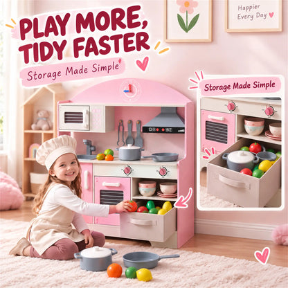Kids Wooden Play Kitchen Set, Lights Sounds, 5pcs, Ages 3-6, Pink
