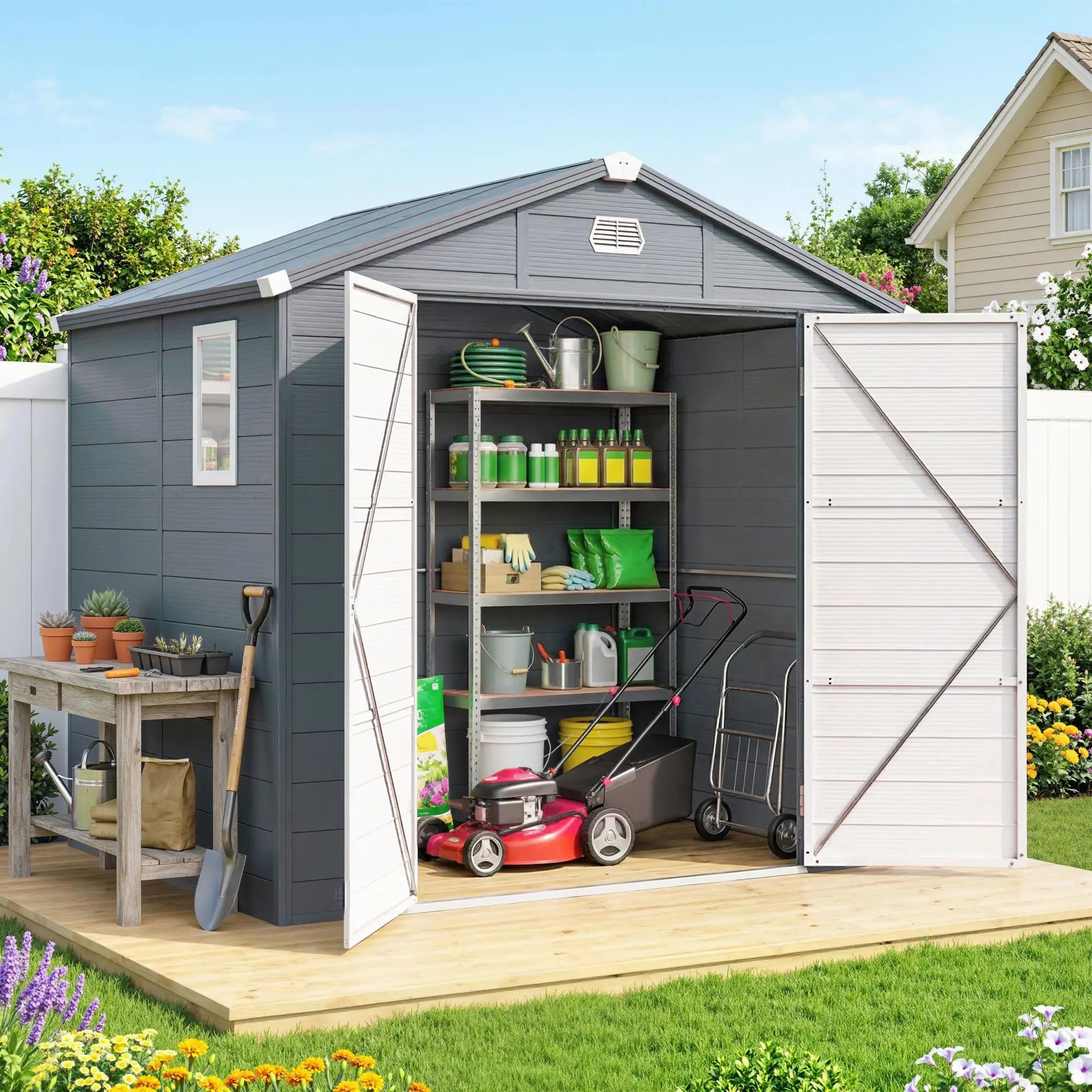 Small Garden Shed, Latch Door, Vents, Sloped Roof, 8x6, Light Grey Sheds at Gallery Canada