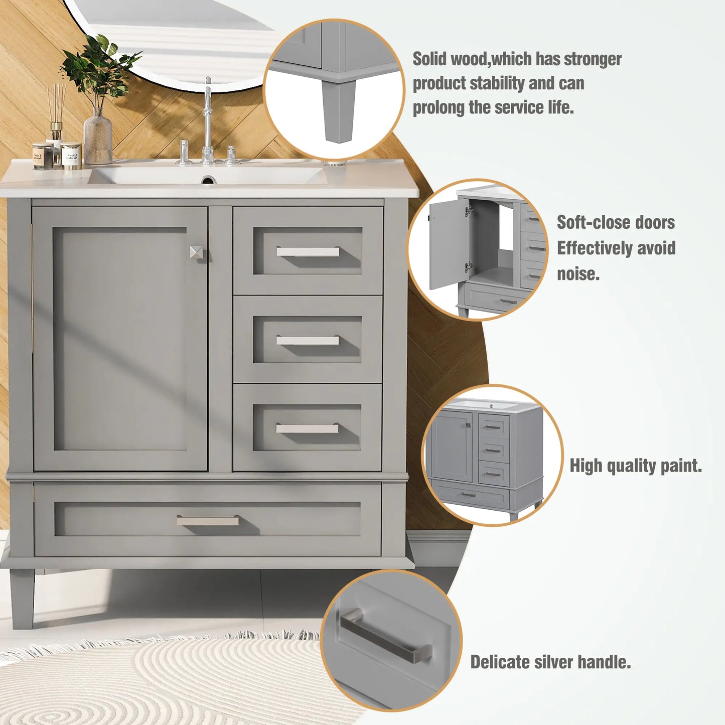 Bathroom Vanity with Sink, Solid Wood, Storage Cabinet, 30" L x 18" W x 34" H, Grey Sink Cabinets at Gallery Canada