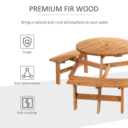 6 Person Round Picnic Table, Wood Patio Set with Umbrella Hole, Brown Outdoor Dining Sets at Gallery Canada