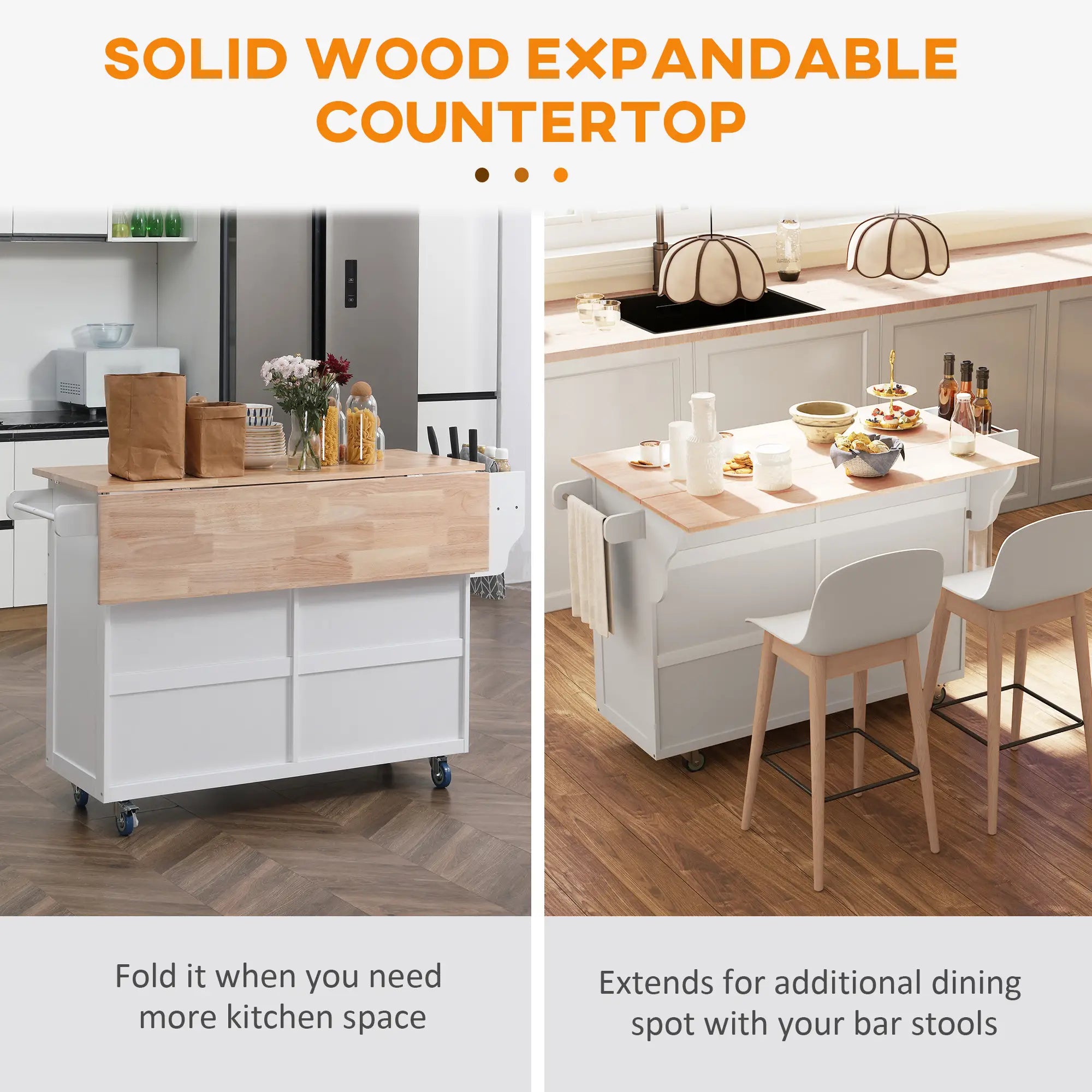 Kitchen Island with Storage, Drop Leaf, Rubber Wood Top, Adjustable Shelves, White Kitchen Islands & Kitchen Carts at Gallery Canada