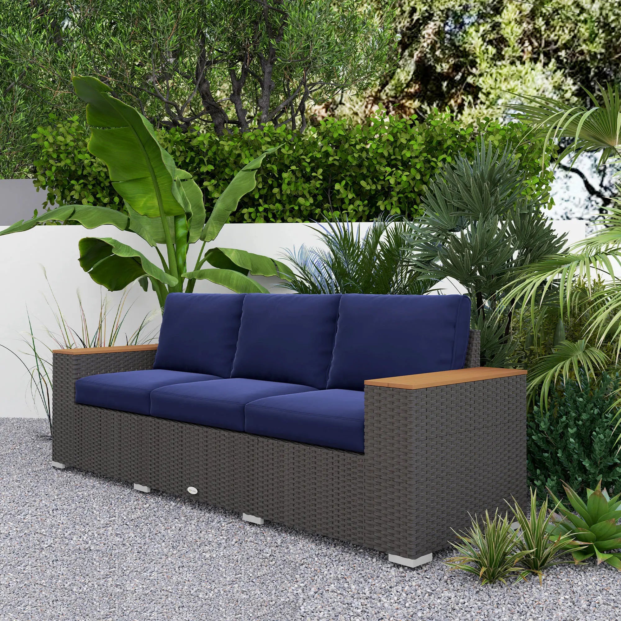 3-Seater Outdoor Sofa, PE Wicker Patio Sofa With Cushions, Dark Blue Patio Furniture Sets at Gallery Canada