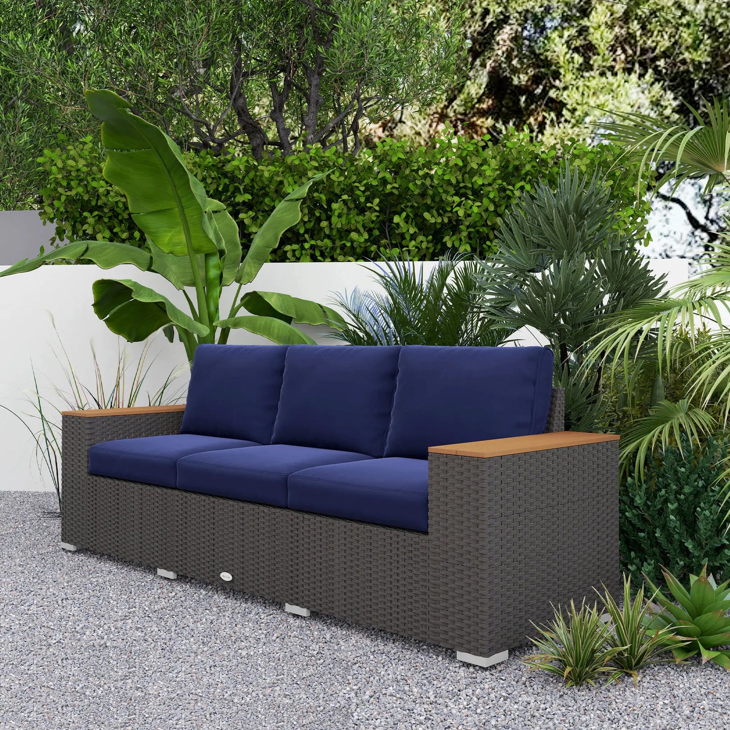 3-Seater Outdoor Sofa, PE Wicker Patio Sofa With Cushions, Dark Blue Patio Furniture Sets at Gallery Canada
