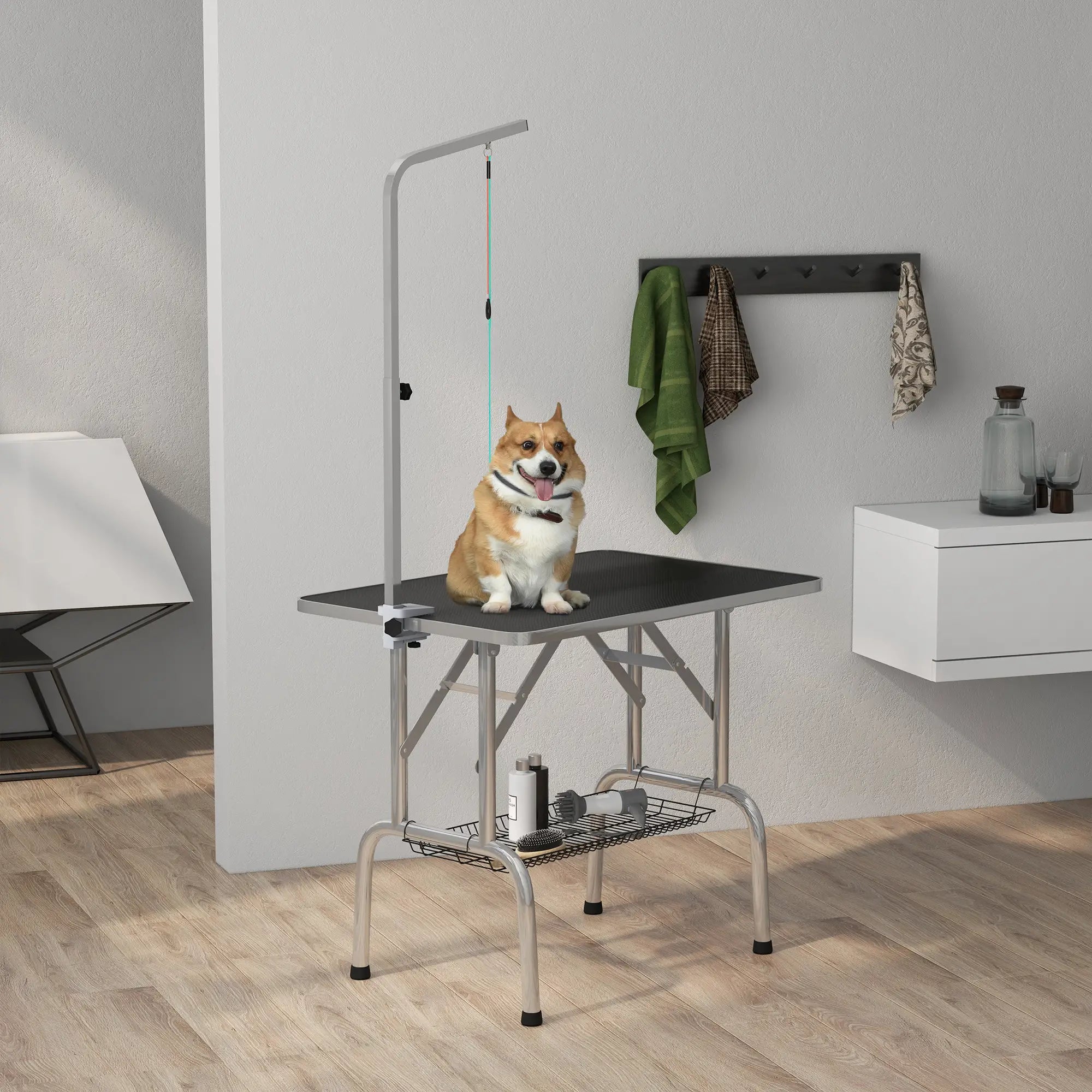 Foldable Dog Grooming Table, Height Adjustable Arm, Storage Shelf, Black Dog Grooming Tables at Gallery Canada