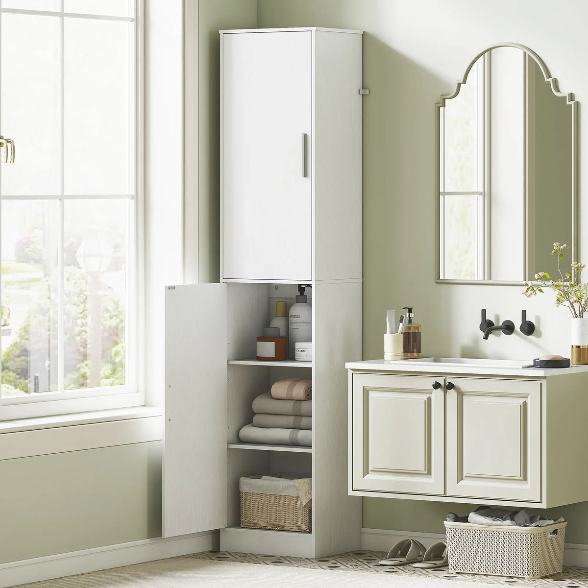 Tall Bathroom Cabinet, Slim Floor Cabinet, 2 Doors, 4 Shelves, White Freestanding Bathroom Cabinets at Gallery Canada