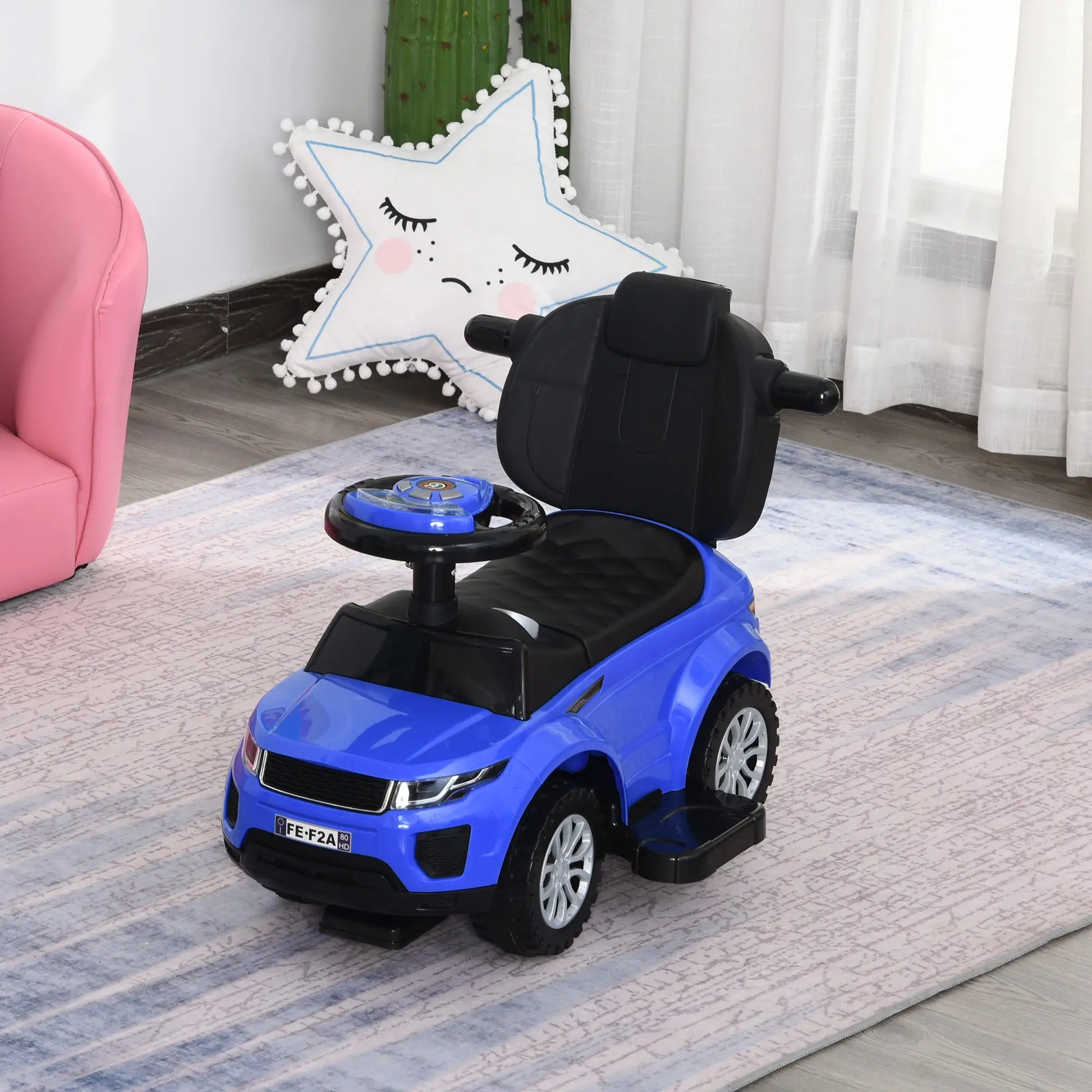 2 in 1 Kid Ride on Push Car Stroller, Sliding Ride on Car with Horn, Music, Light, Secure Bar, Blue Push Cars for Toddlers at Gallery Canada