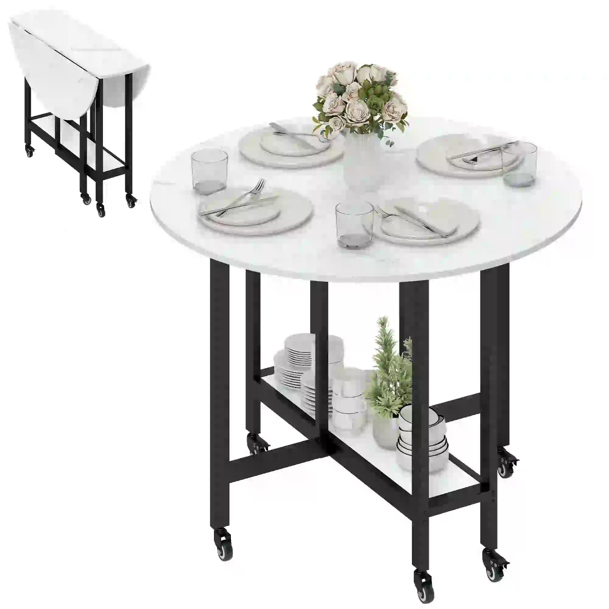 Folding Drop Leaf Table, White Marble, Open Shelf, Rolling Kitchen Table, White Dining Tables at Gallery Canada