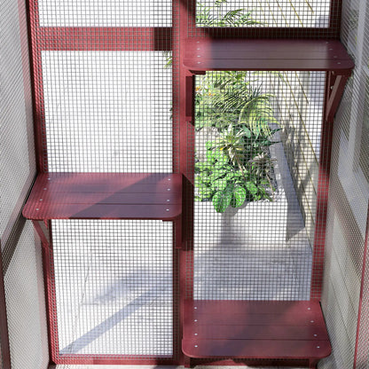 71" x 39" x 71" Cat Cage, Large Outdoor Wooden Cat Patio, 6 Platforms, Asphalt Roof, Wine Red Outdoor Cat Enclosures at Gallery Canada