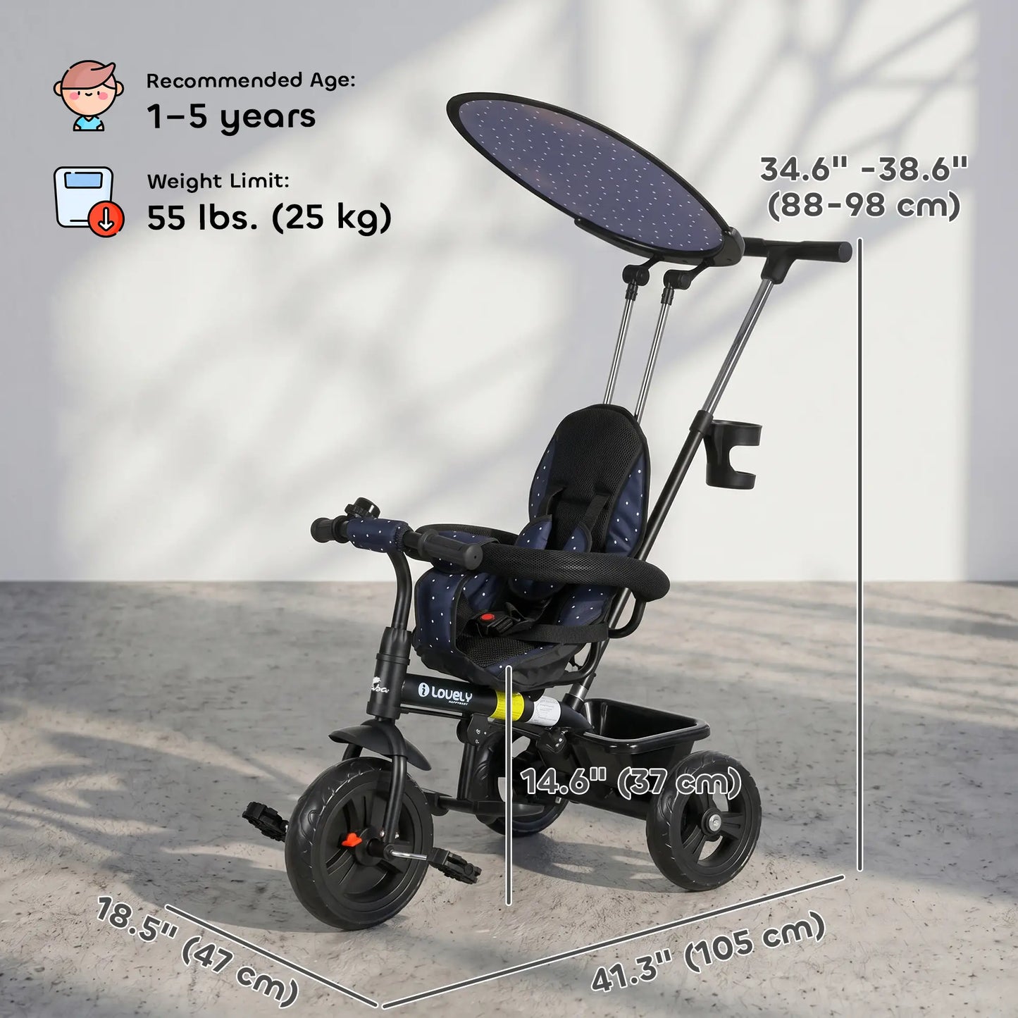 6 in 1 Kids Tricycle, Removable Handlebar, Canopy, Navy Blue Tricycles for Kids at Gallery Canada