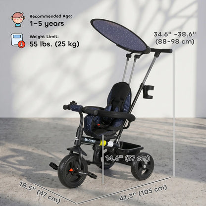 6 in 1 Kids Tricycle, Removable Handlebar, Canopy, Navy Blue Tricycles for Kids at Gallery Canada