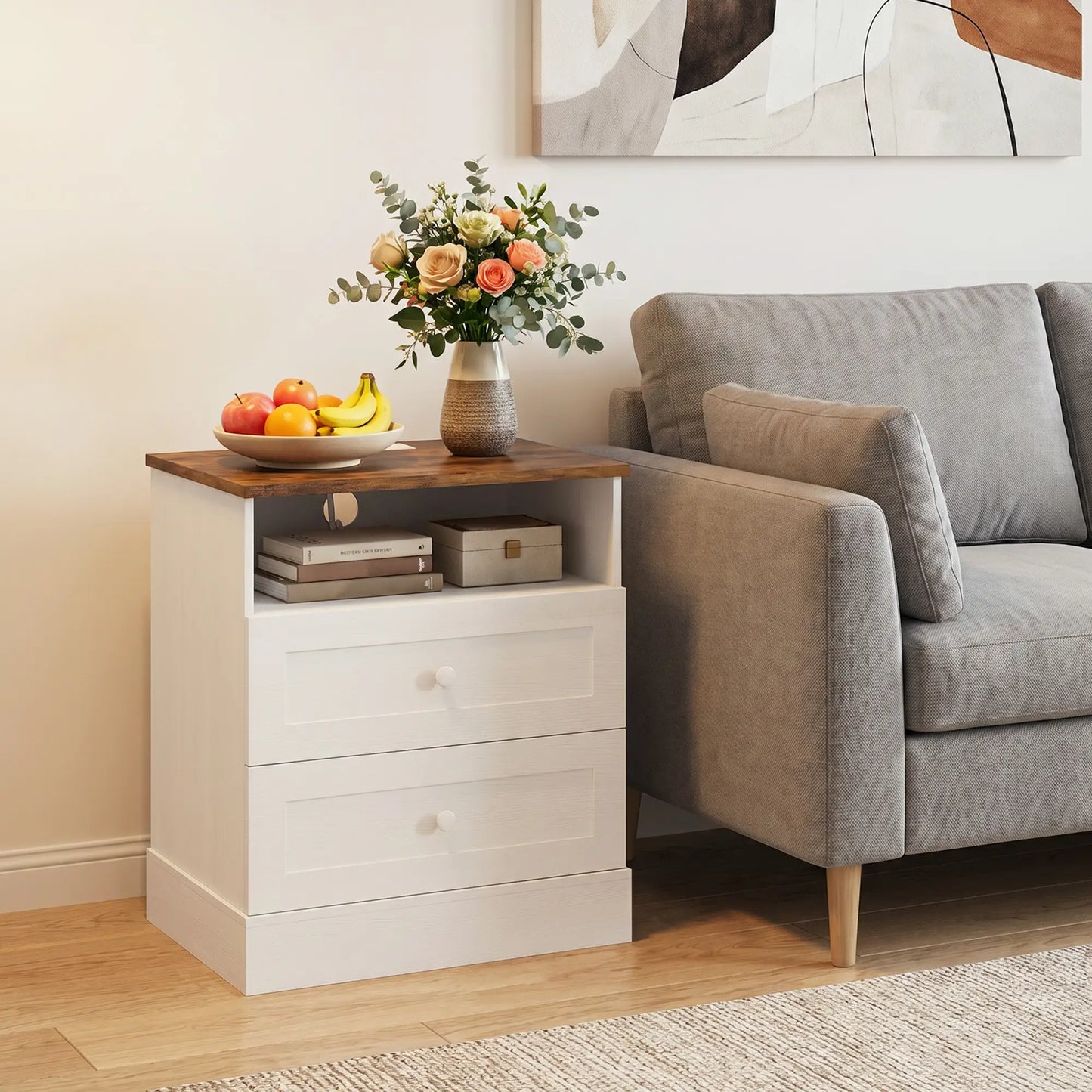 Nightstand with Charging Station 2 Drawers Bedside Table Set of 2 White and Oak