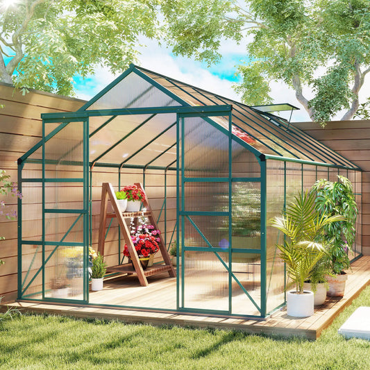 16' x 8' Aluminum Polycarbonate Greenhouse, Walk-In, Adjustable Roof Vent, Green