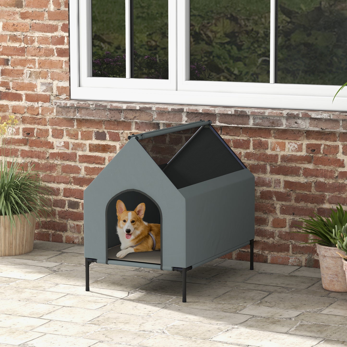 Dog House Outdoor Elevated Dog Bed with Removable Cover, Mesh Windows, Storage Bag, for S and M-Sized Dogs, Grey at Gallery Canada