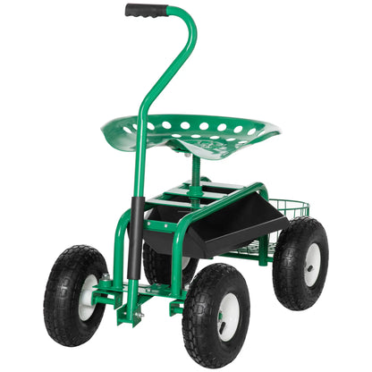 Garden Scooter, Rolling Cart, Adjustable Seat, Tool Tray, Bucket Basket, Green, Black Garden Accessories at Gallery Canada