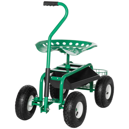 Garden Scooter, Rolling Cart, Adjustable Seat, Tool Tray, Bucket Basket, Green, Black
