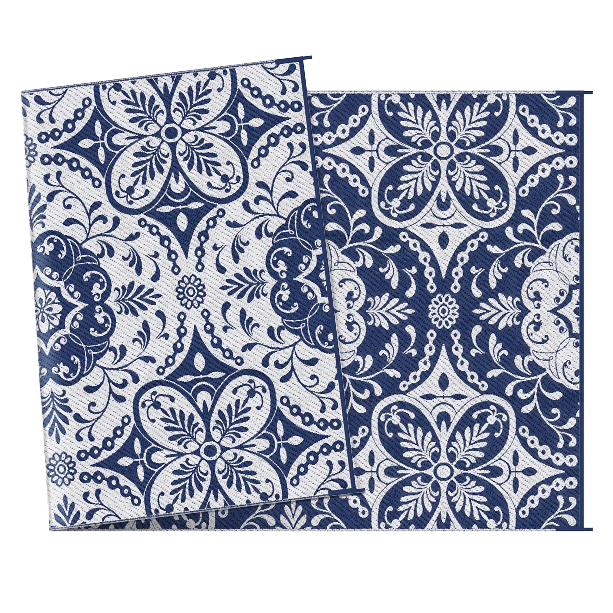 Portable Outdoor Rug, 9' x 18', Waterproof, White Flower, Blue Outdoor Reversible Rugs at Gallery Canada
