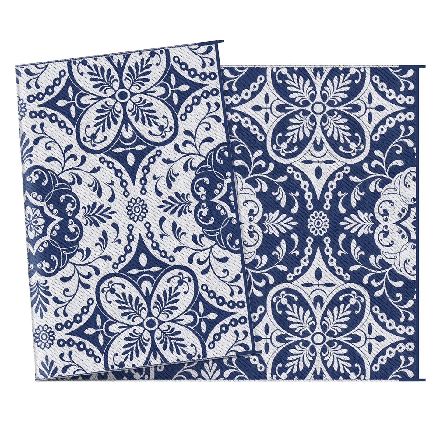 Portable Outdoor Rug, 9' x 18', Waterproof, White Flower, Blue Outdoor Reversible Rugs at Gallery Canada